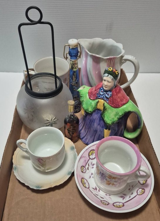 Porcelain Teacups, Pitcher, Lady Jug, Bottles Lot