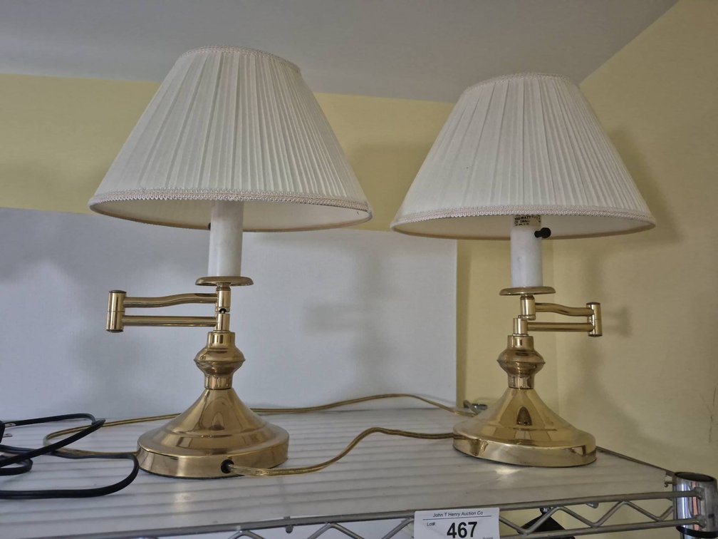Pair Brass Swing Arm Table Lamps With Shades