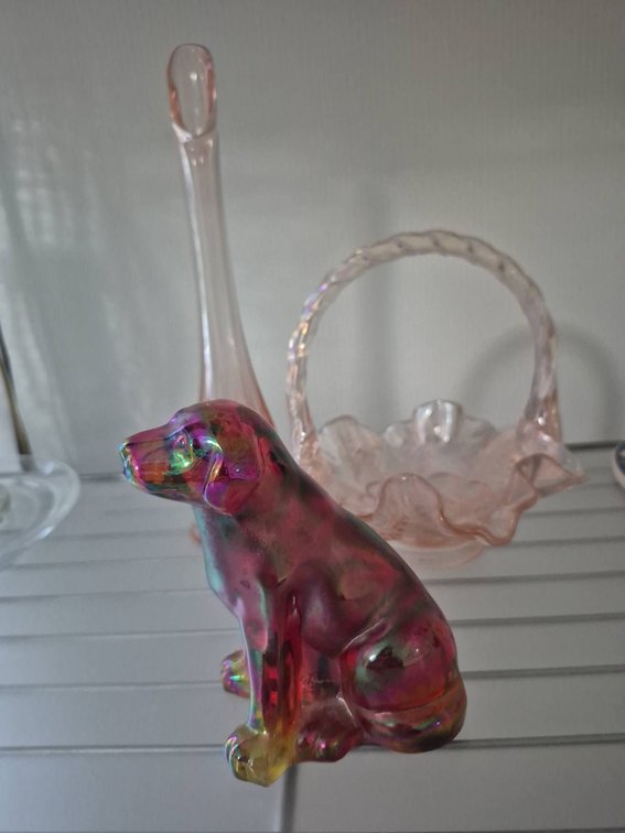 Fenton Pink Glass Basket, Vase & Iridescent Dog