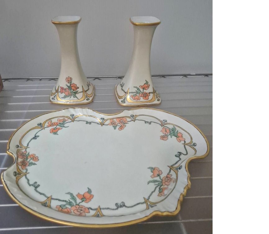 Limoges France Porcelain Tray & Candlestick Set
