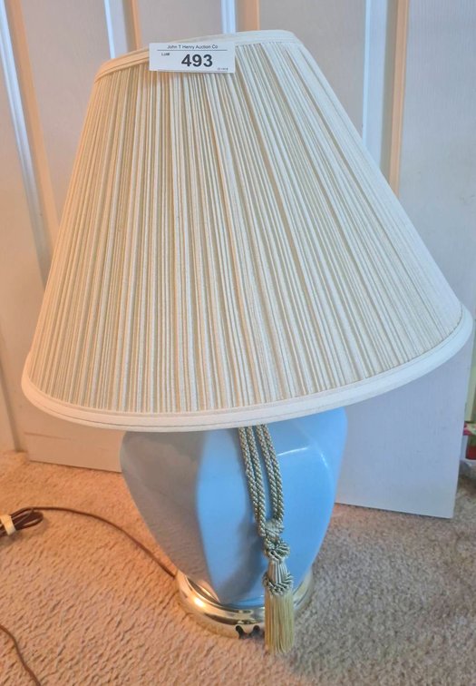 Blue Ceramic Table Lamp With Shade, 26in Tall