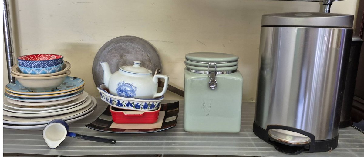 Kitchen Lot: Dishes, Teapot, Trays, Canister, Bins
