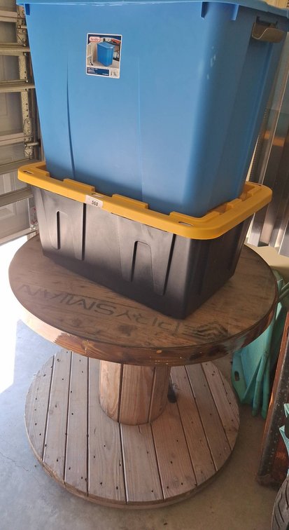 Large Wooden Spool Table, Storage Tote, Linens