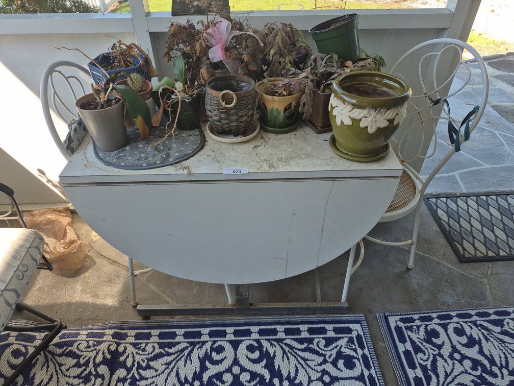 White Drop-Leaf Table, 2 Chairs, and Planters