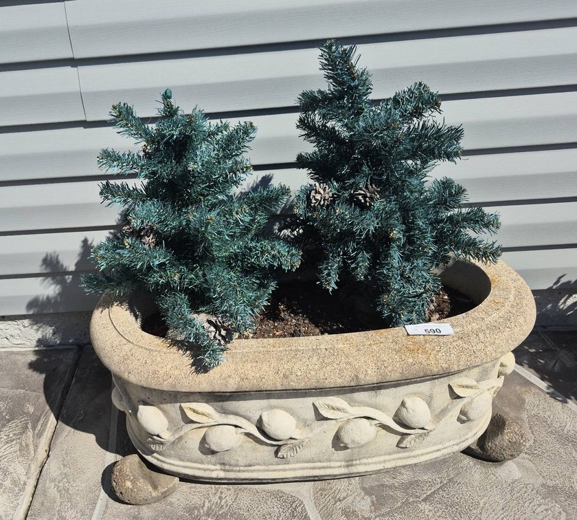 Concrete 28in Planter With Faux Pine Shrubs