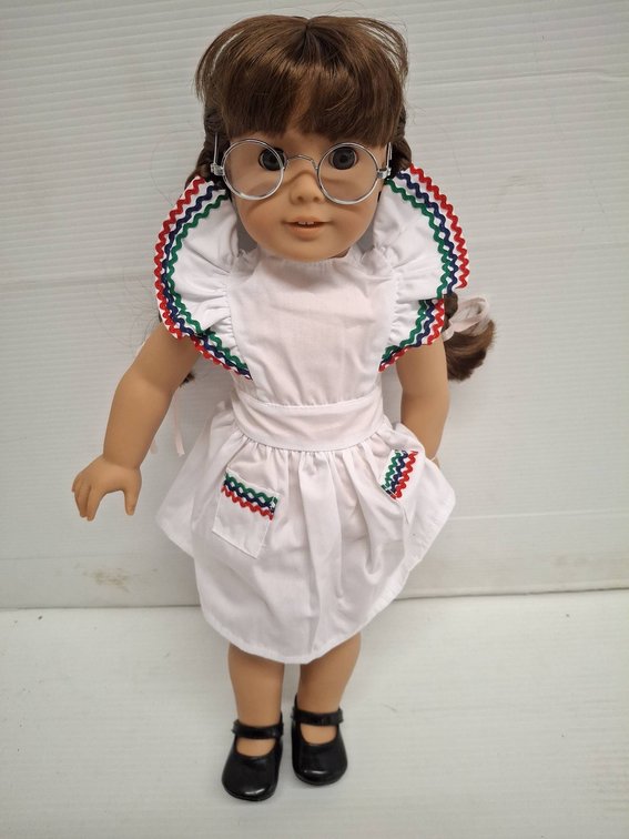 American Girl Doll with Glasses, White Dress