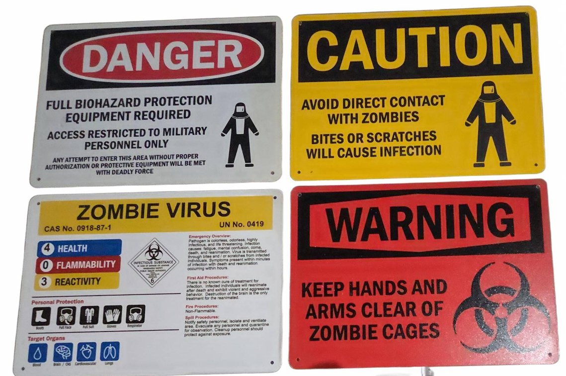 20-4 Zombie Warning Signs 14x10 Inch - Little Spider Creations Pickup