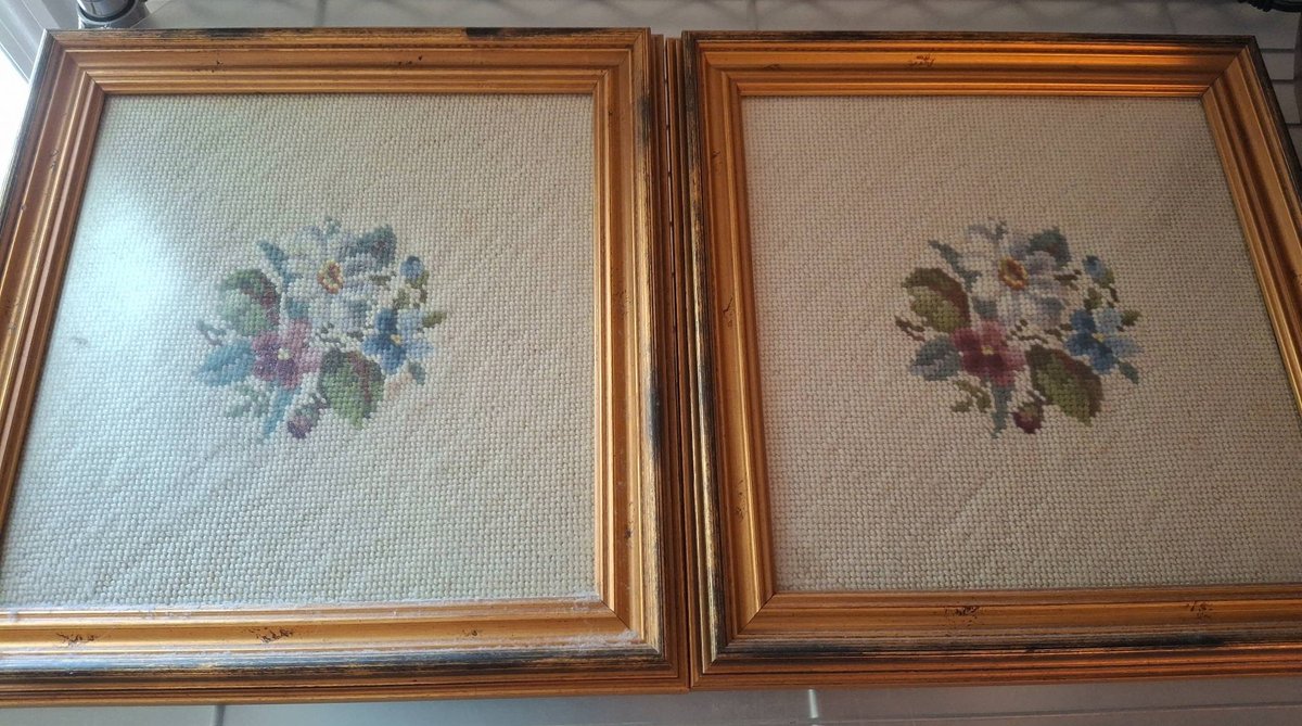 51 - Pair Framed Floral Needlepoint Art, 12"×13"
