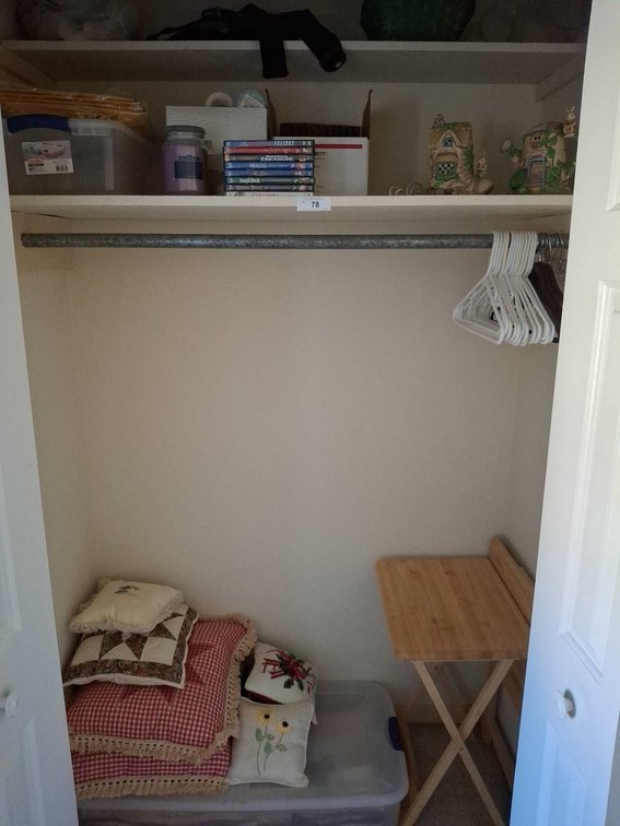 78 - Contents of Closet: DVDs, Pillows, Tables, Decor