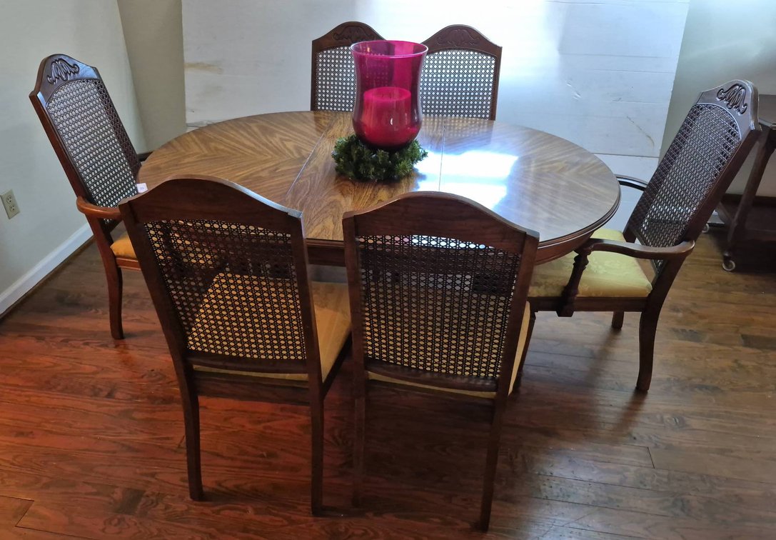 83 - Wood Dining Table With 6 Cane Back Chairs 60x44x29