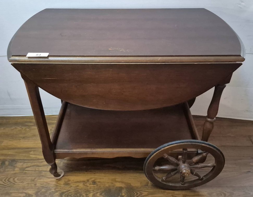 84 - Wooden Drop Leaf Tea Cart with Drawer and Wheels
