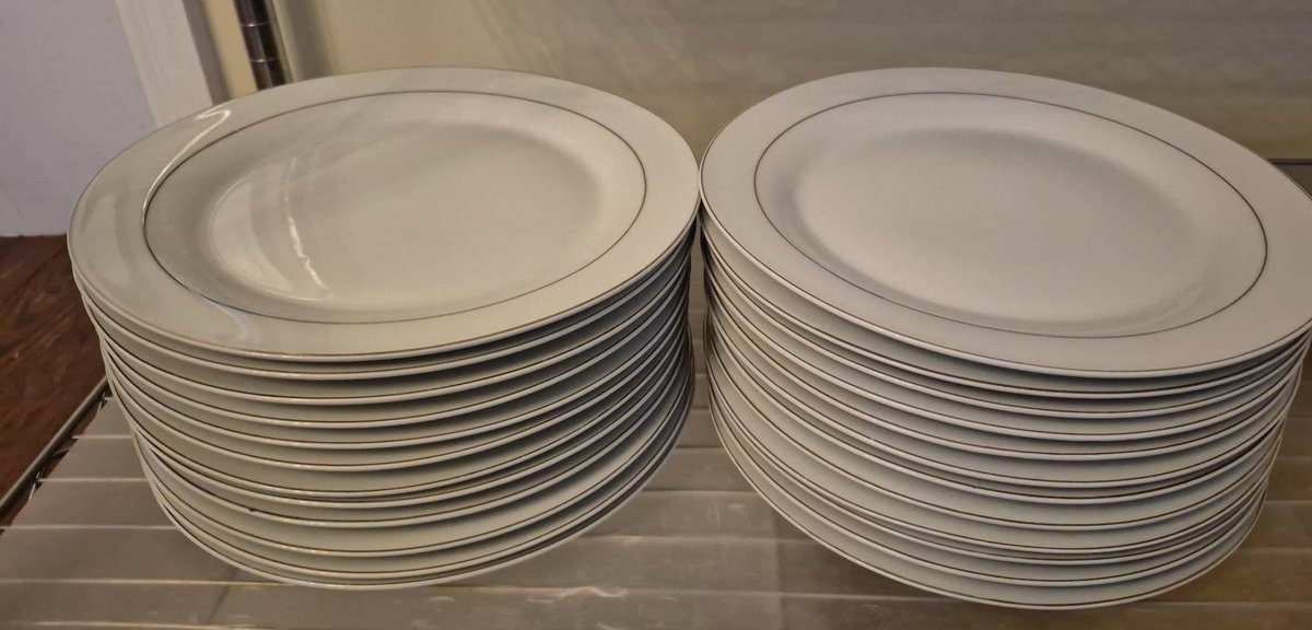104 - Royal Norfolk Dinner Plates, White with Silver Band