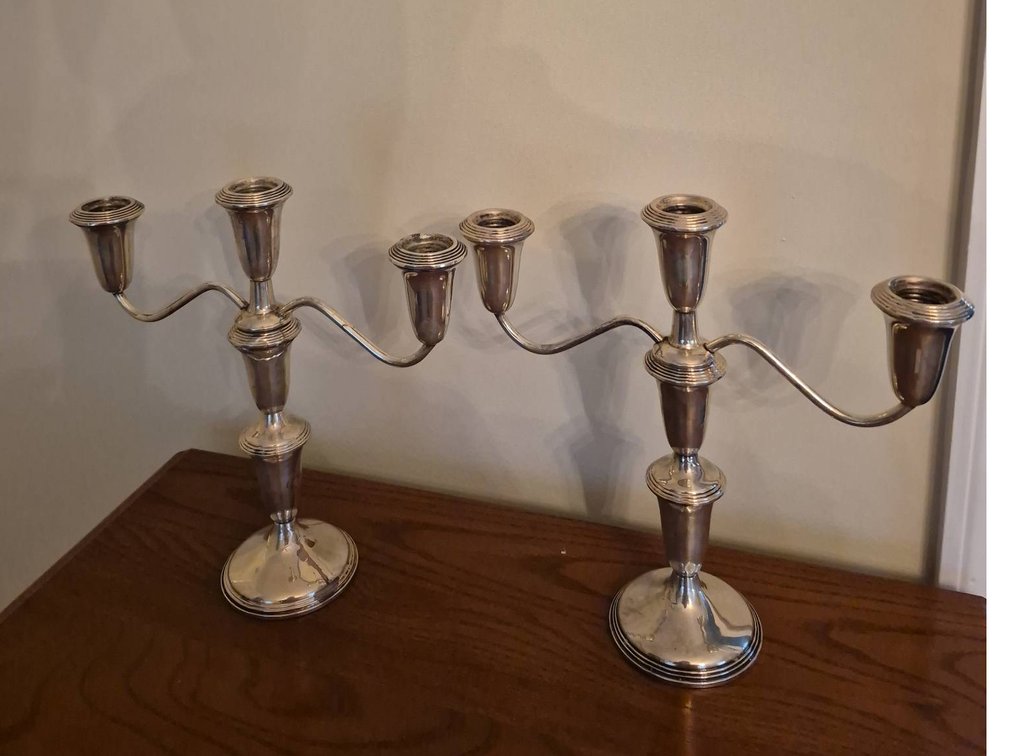 110 - Pair Empire Sterling Weighted 3-Arm Candelabras