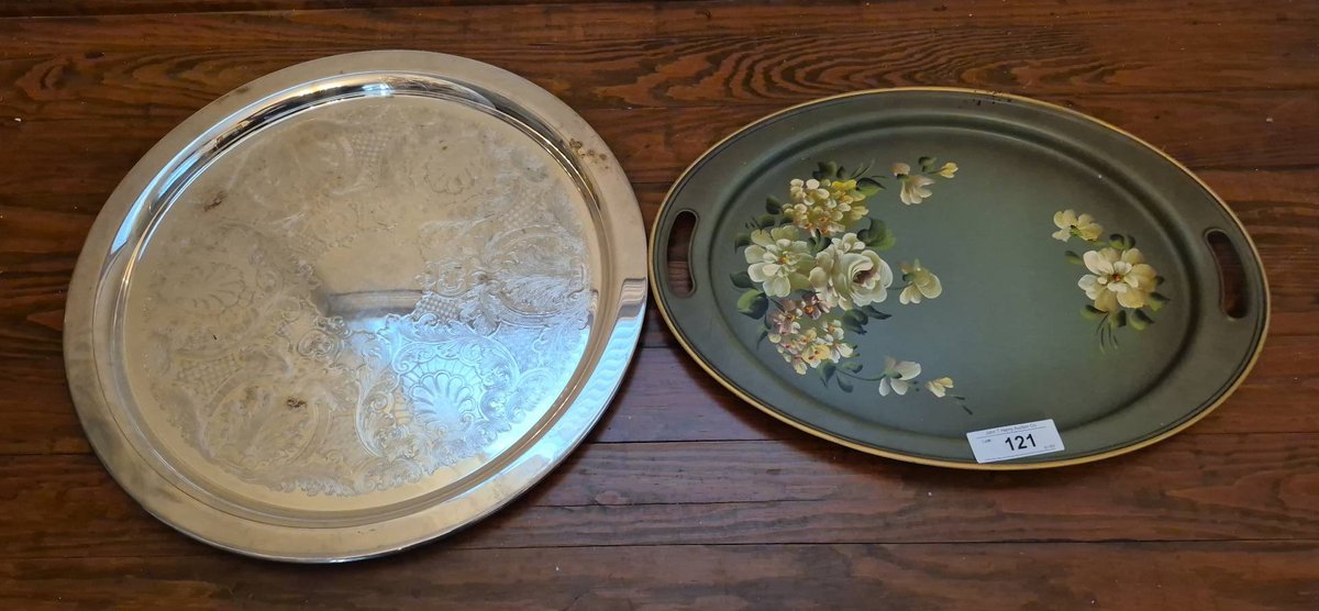 121 - Oneida Silver Tray & Ashco Hand Painted Tray