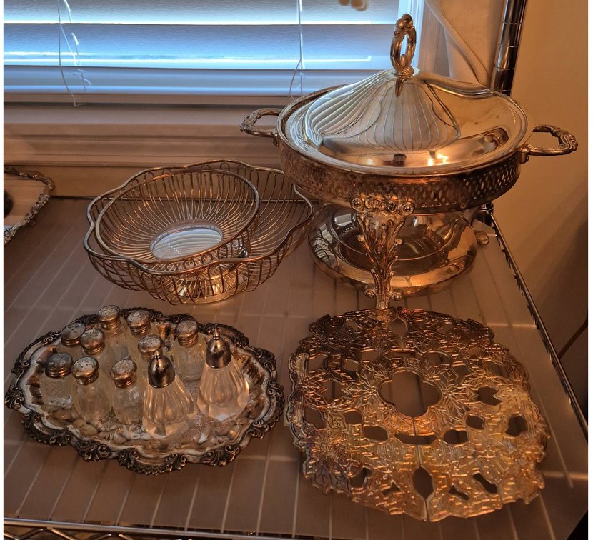 127 - Silver Plate Serveware and Salt Shakers
