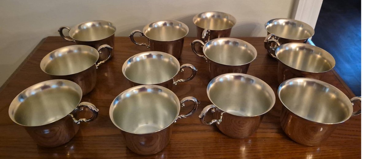 129 - 12 Silver Tone Metal Cups With Handles