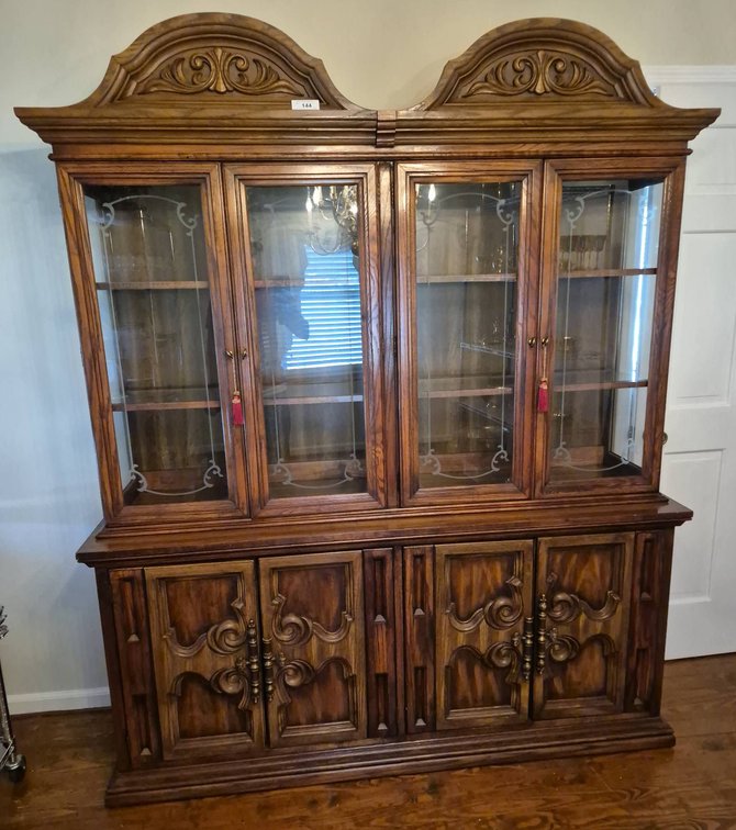 144 - Ornate Two-Piece Wood China Cabinet Hutch