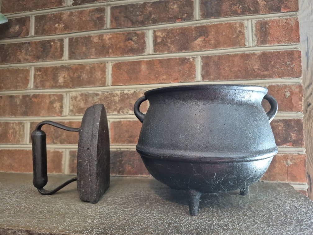 148 - Cast Iron Cauldron and Flat Sad Iron Set