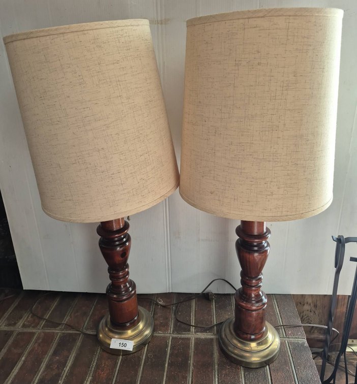 150 - Pair Wood and Brass Table Lamps With Shades