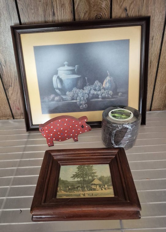 164 - Framed Prints, Pig Figurine, Swan Creek Candle