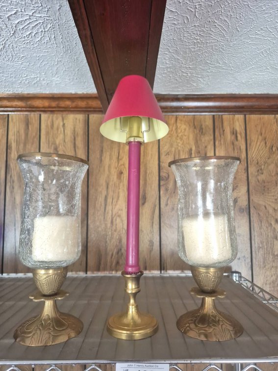 188 - Brass and Glass Candleholders, Pink Table Lamp