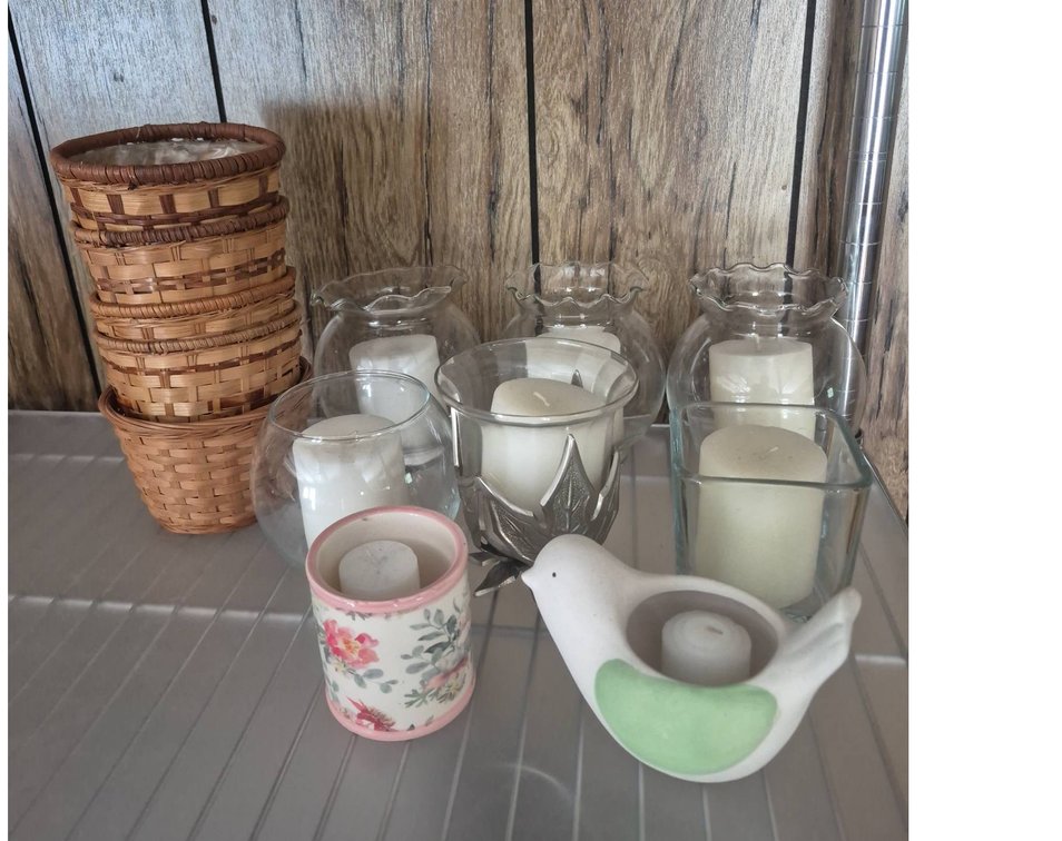 197 - Candle Holder Lot With Baskets And Bird Votive