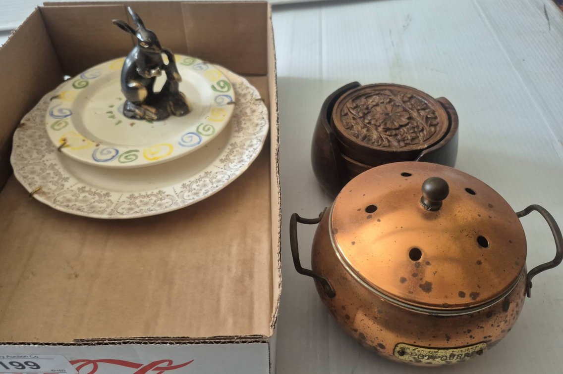 199 - Lot: Plates, Metal Potpourri Pot, Coaster Set