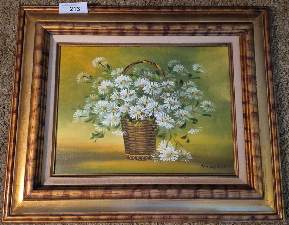 213 - Nancy Lee Signed Floral Basket Painting 24x20
