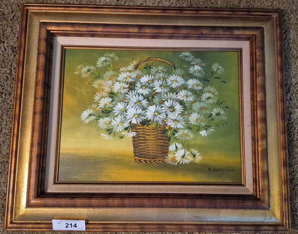 214 - 24x20 Framed Floral Painting, Basket of Daisies