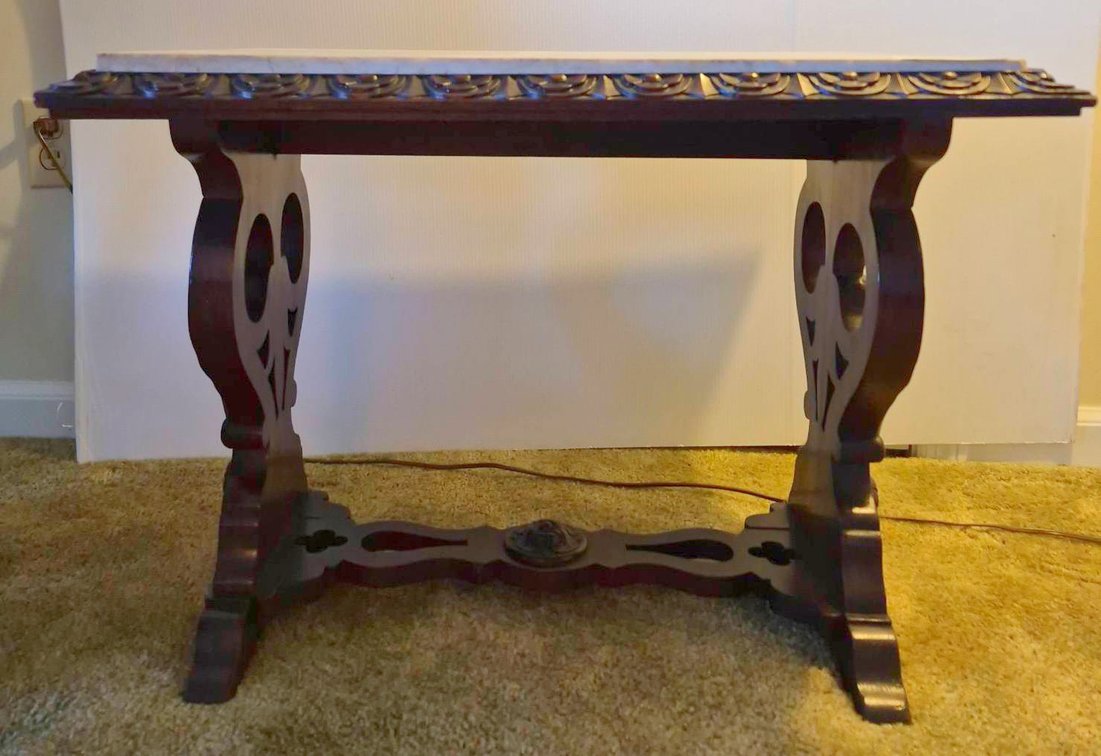 228 - Carved Wood Side Table With grantie Top 26x20x19