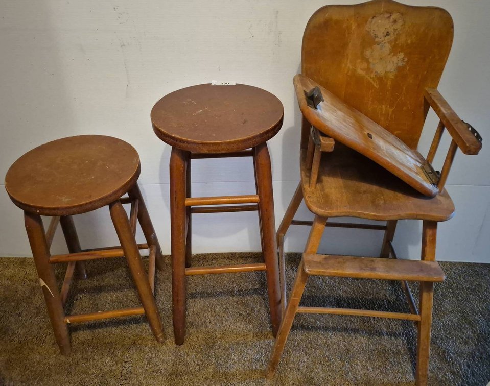 230 - Wooden Stools and High Chair