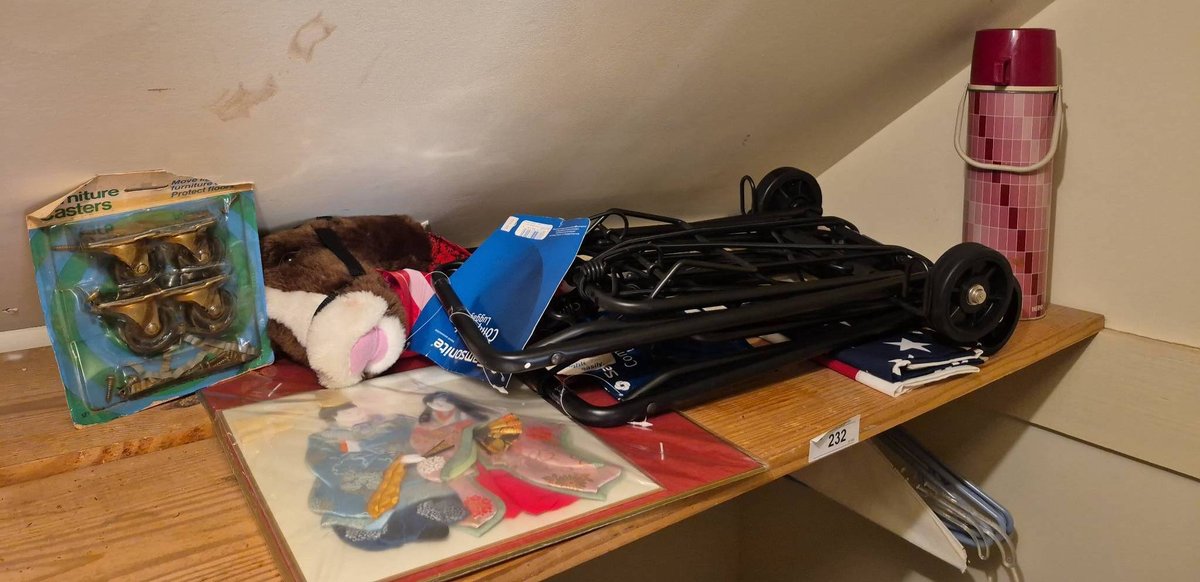 232 - Lot: Casters, Cart, Art, Thermos