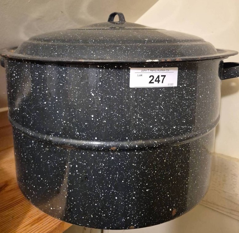 247 - Black Speckled Enamelware Canning Pot With Rack