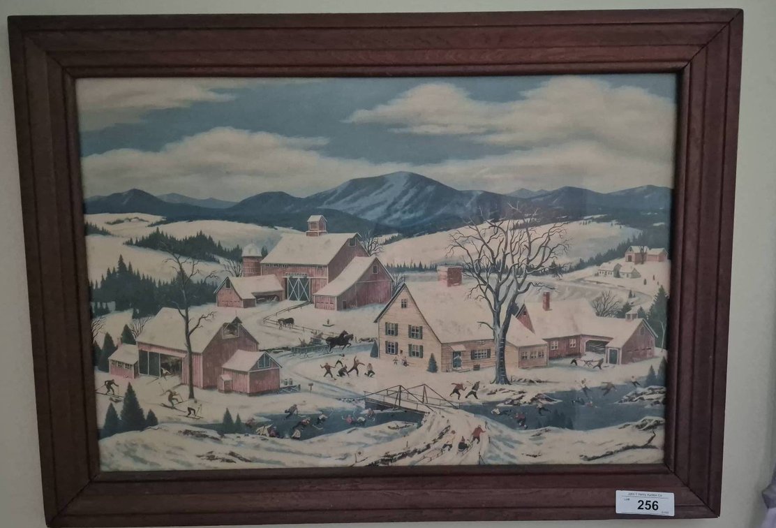 256 - J. Wheat Winter Village Scene Print, 30x22 Framed
