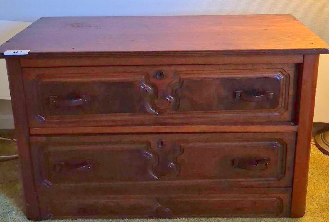 254 - Wood Two-Drawer Chest with Ornate Fronts