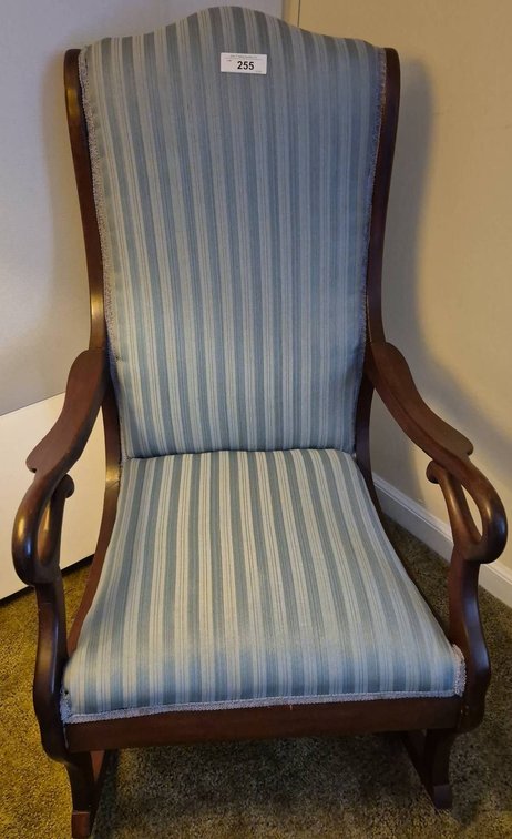 255 - Wood Framed Upholstered Armchair Blue Striped