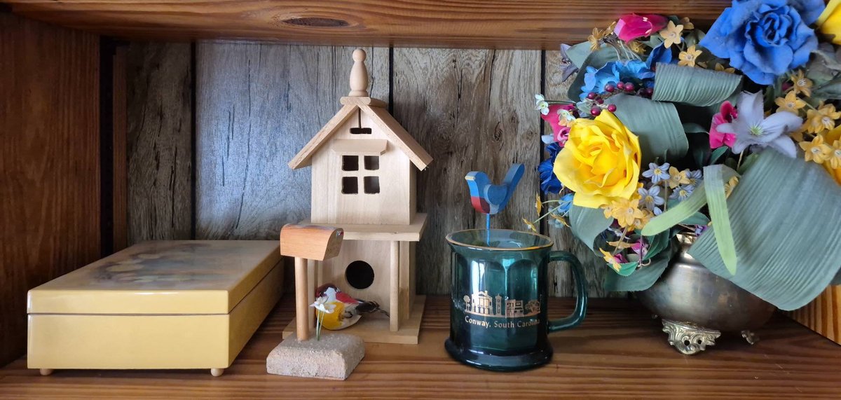 279 - Wood Birdhouse, Sand Dollar Box, Mug, Faux Flowers