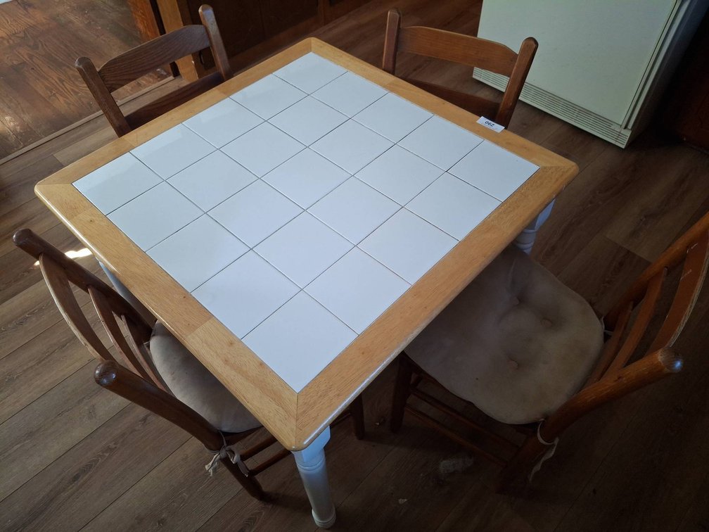 290 - Tile-Top Wood Table With 4 Ladder-Back Chairs