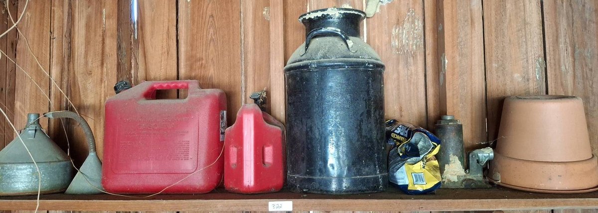 322 - Garage Lot: Jugs, Funnels, Metal Can, Pots