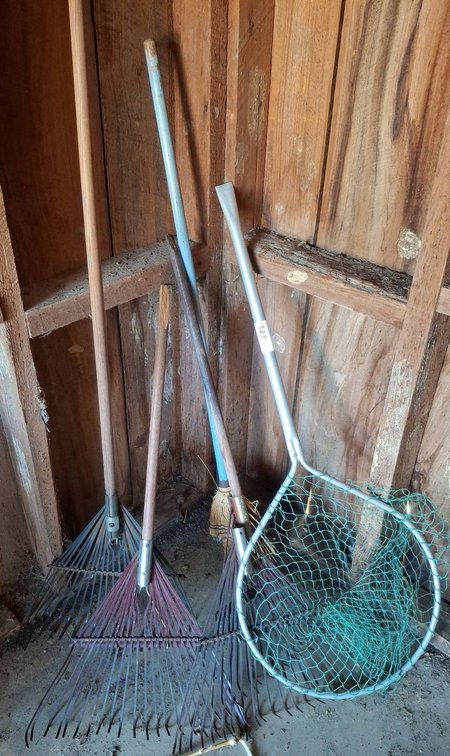 323 - Garden Rakes, Broom and Fishing Net