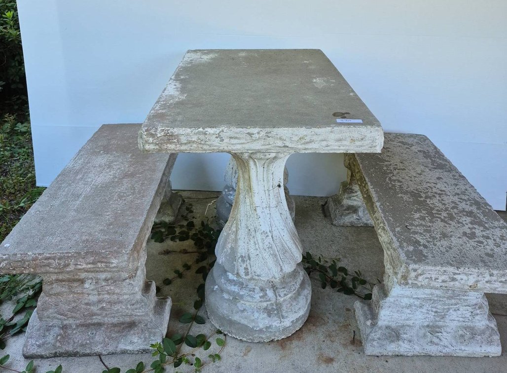 330 - Concrete Patio Table With Two Benches Set