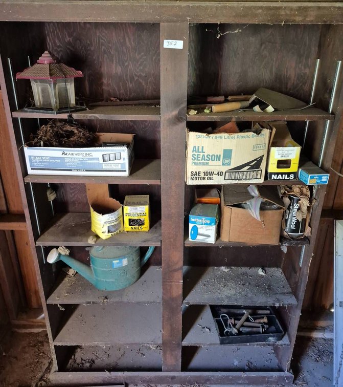 352 - Shelf With Nails, Hardware, Watering Can & More