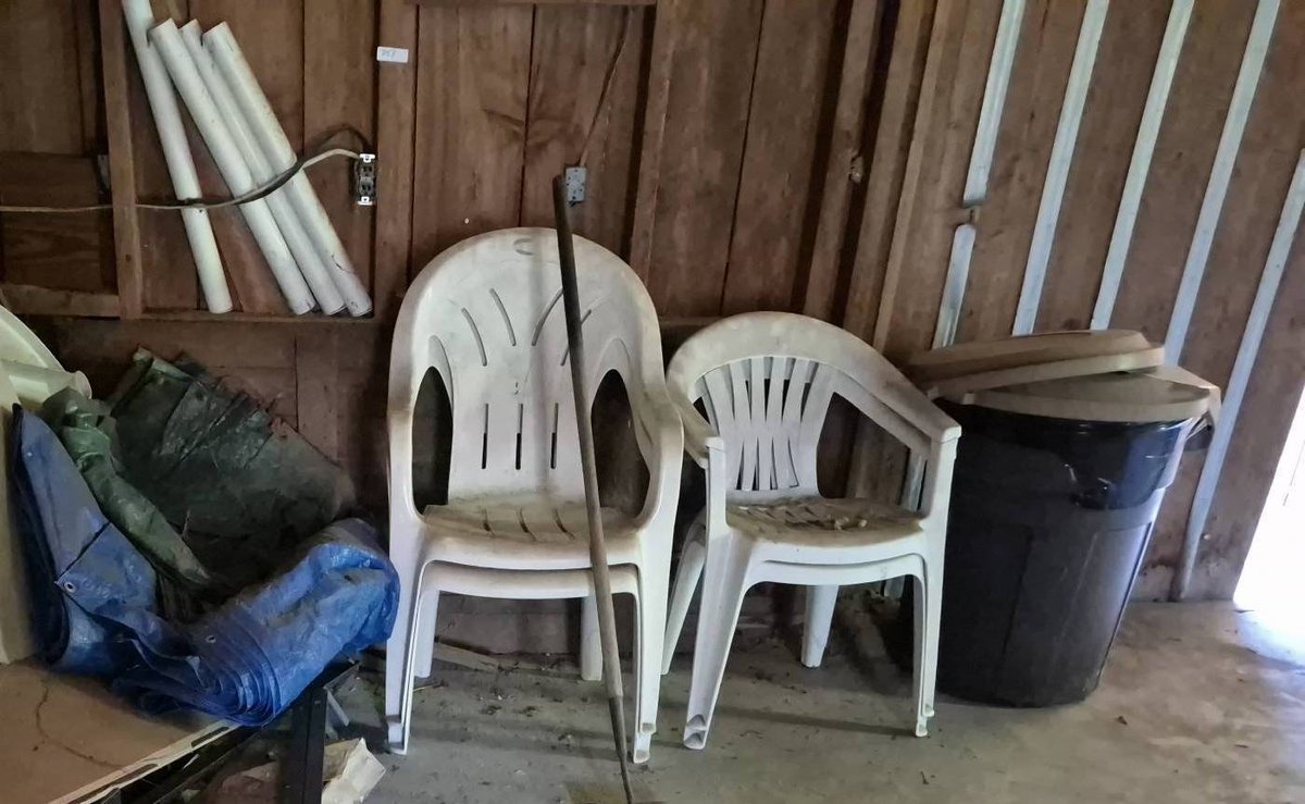 353 - Plastic Chairs, Trash Can, Tarps, and Hoe