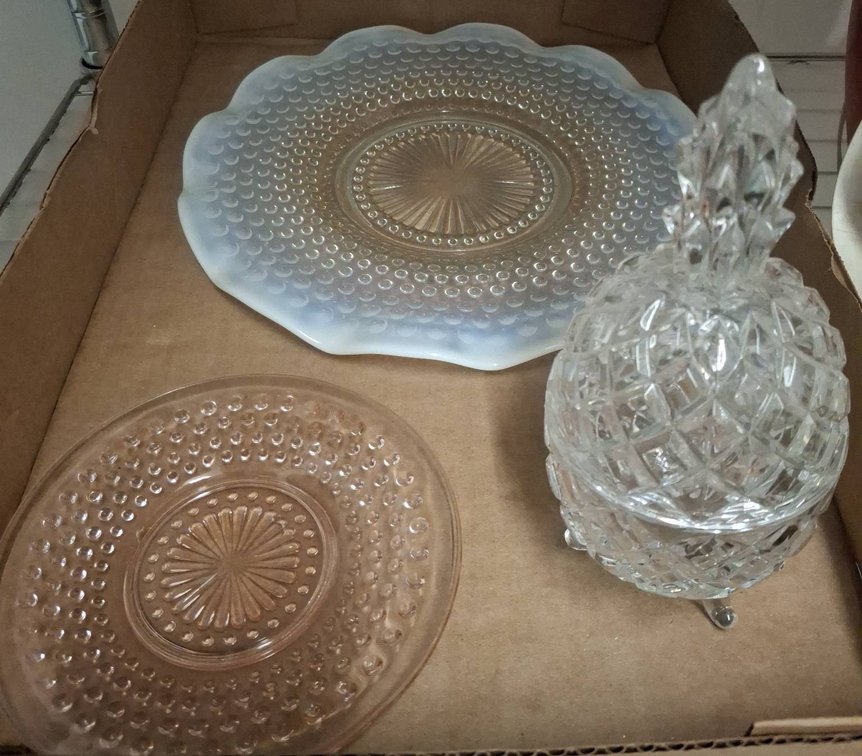 Hobnail Glass Plates And Cut Glass Candy Dish