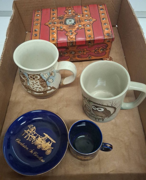 Owl Mugs, Charleston Cup Plate, Metal Box Lot