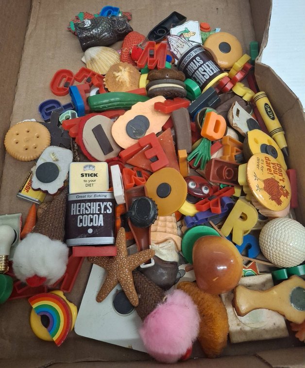Box Lot of Assorted Plastic Magnets and Toys