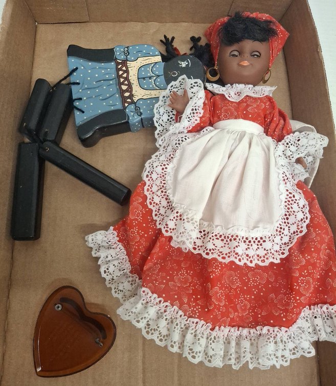 Doll With Red Dress, Wood Puppet, Heart Plaque
