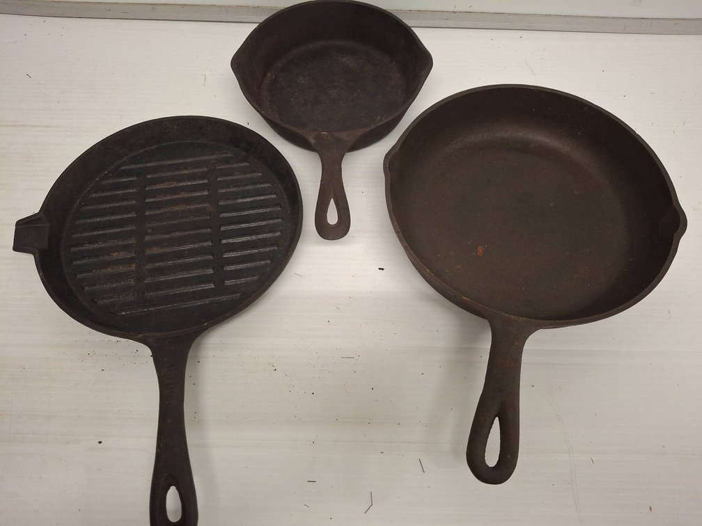 Three Cast Iron Skillets and Griddle Assortment