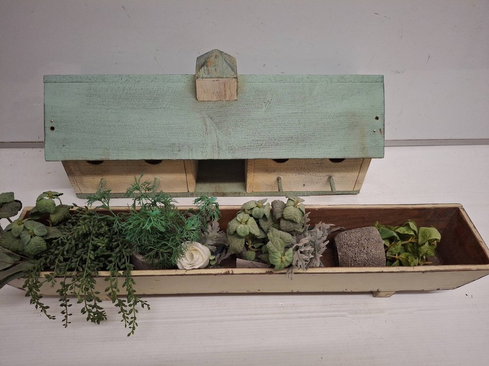 Wood Bird House and 30" Planter with Faux Plants