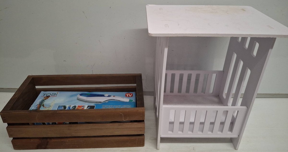 Wood Crate, Plastic Shelf, Tobi Steamer